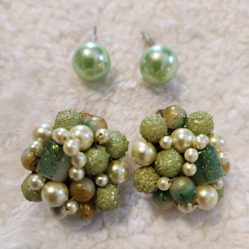 Vintage MCM Green Beaded Cluster Clip On & Bead Stud Earrings Lot of 2 Estate